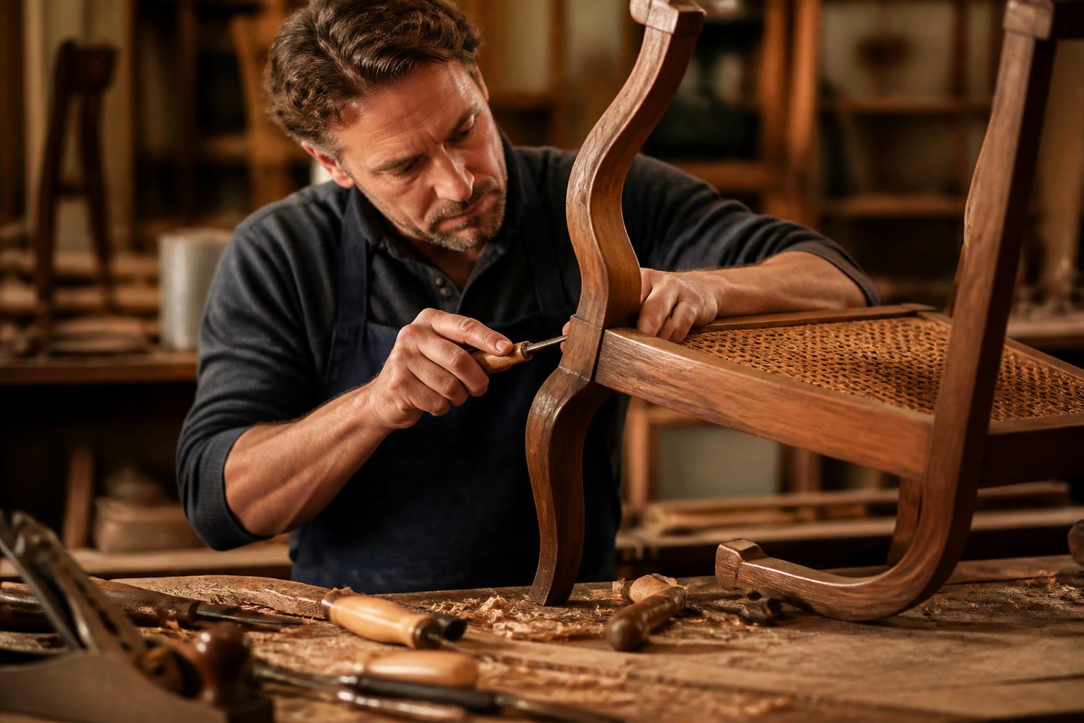 Master carpenter repairing a wooden chair in workshop